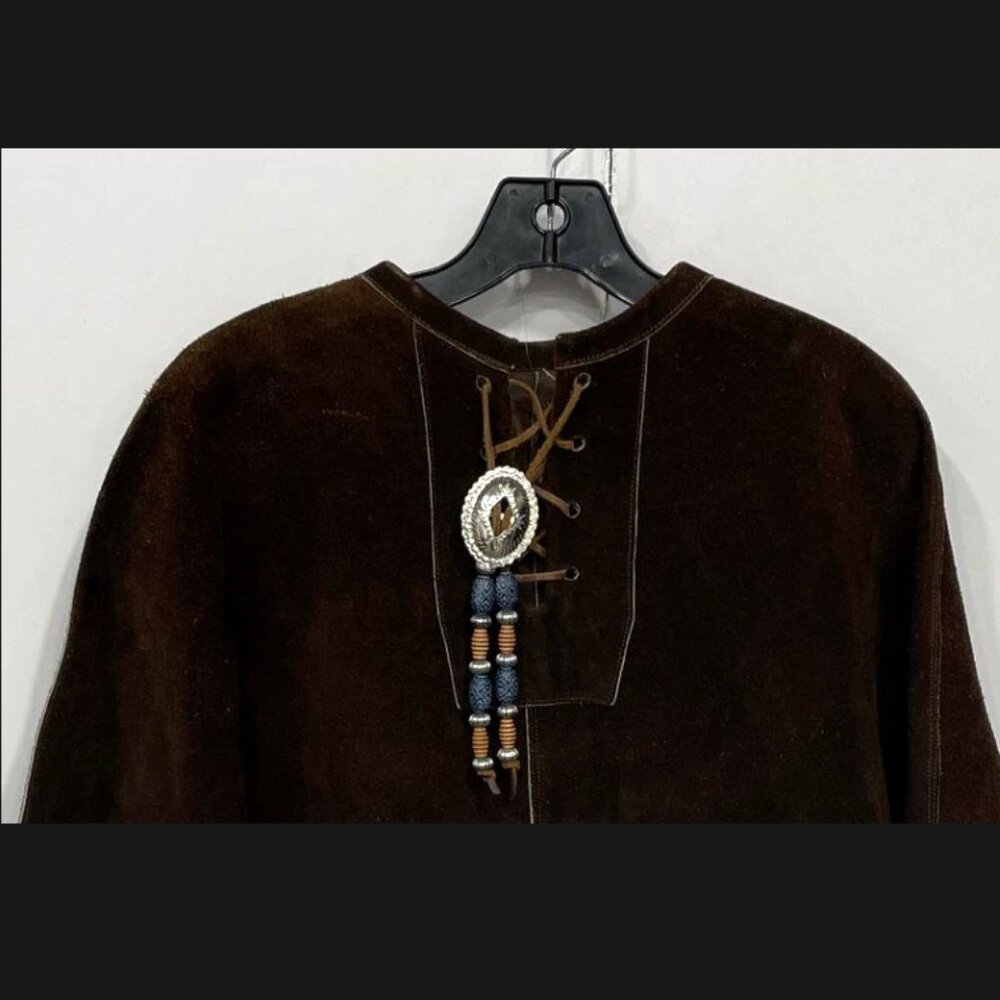 Vintage 70s Brown Suede Leather Fringe Poncho Cape Western Boho Hippie Beaded - Picture 2 of 7